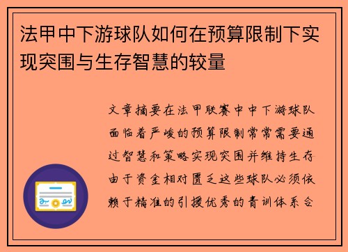 法甲中下游球队如何在预算限制下实现突围与生存智慧的较量