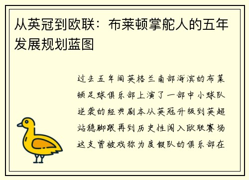 从英冠到欧联：布莱顿掌舵人的五年发展规划蓝图