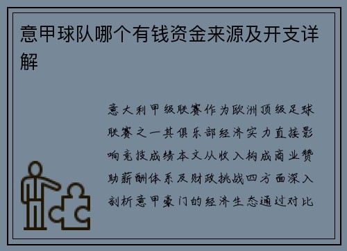 意甲球队哪个有钱资金来源及开支详解