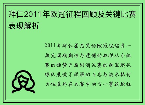 拜仁2011年欧冠征程回顾及关键比赛表现解析