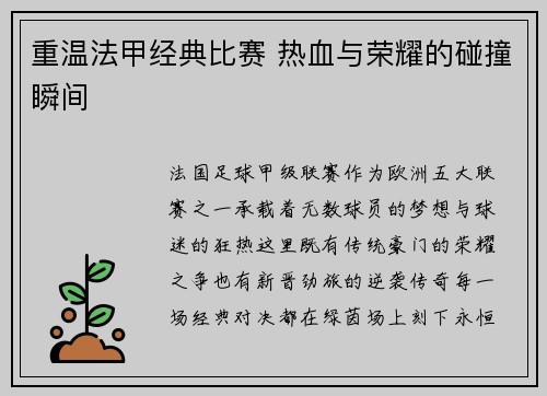 重温法甲经典比赛 热血与荣耀的碰撞瞬间