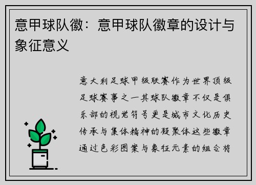 意甲球队徽：意甲球队徽章的设计与象征意义